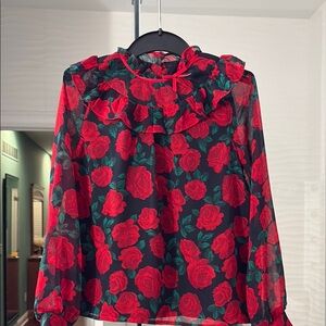 Floral Ruffle Blouse - Red and Black